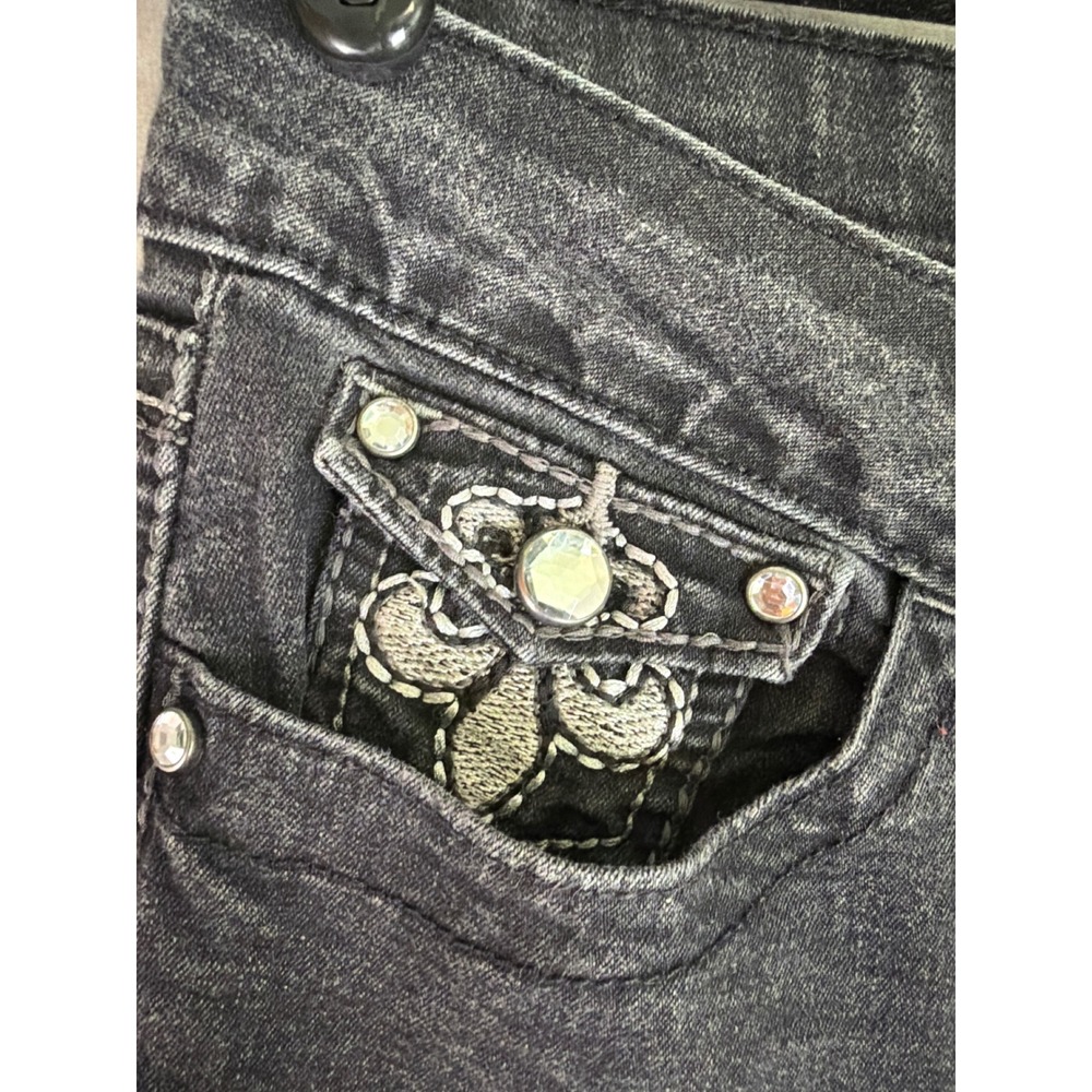 Y2K LEI Ashley Jeans 13 Black Low Rise Slim Bootcut Embroidered Fleur dis Lis - Picture 5 of 8